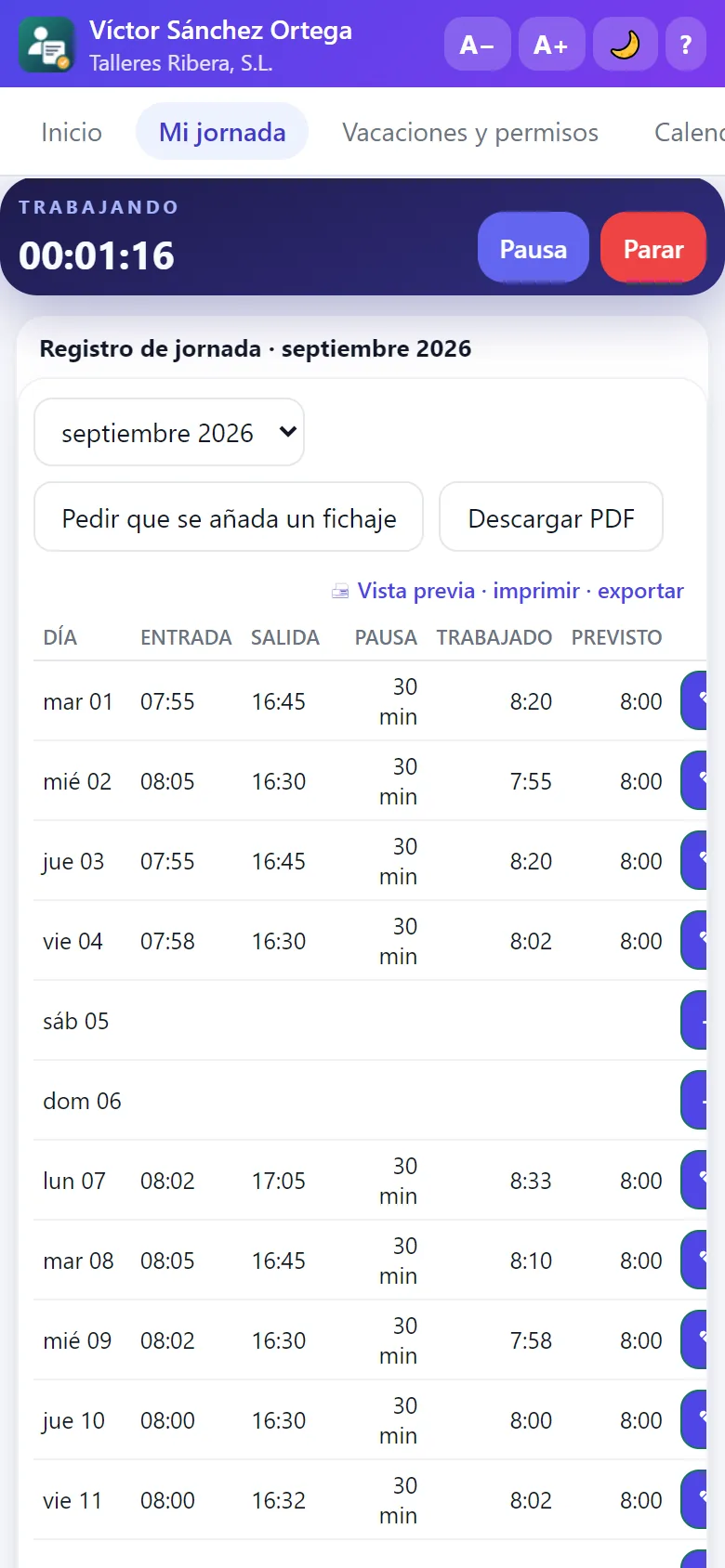 Portal del empleado: registro de jornada