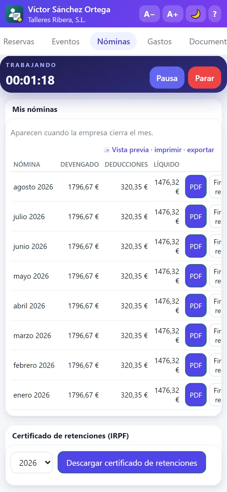 Portal del empleado: nóminas y certificado